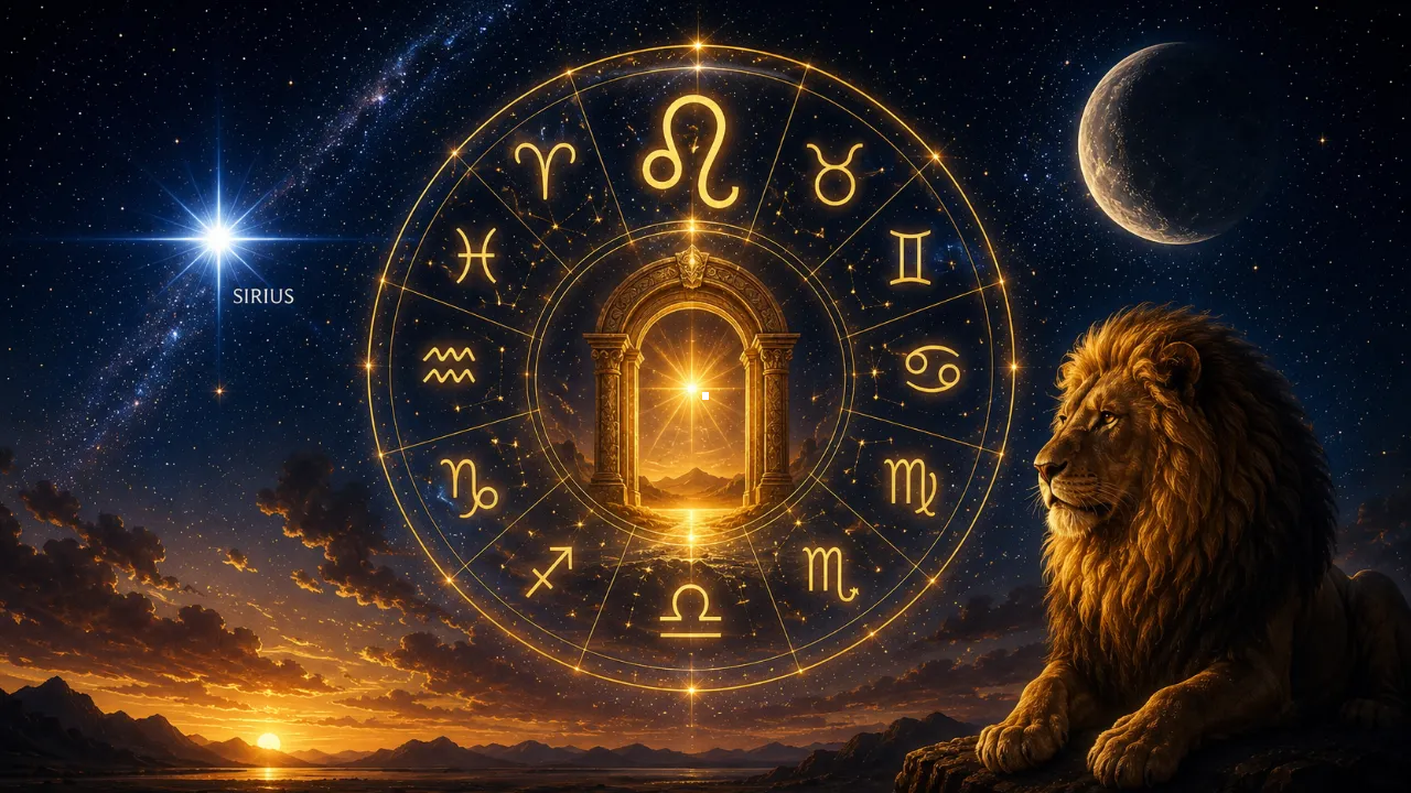 Imagem ilustrativa sobre o Portal de Leão 8/8, com roda zodiacal, símbolos dos 12 signos, céu estrelado e elementos celestes em composição azul e dourada Imagem ilustrativa sobre o Portal de Leão 8/8, com roda zodiacal, símbolos dos 12 signos, céu estrelado e elementos celestes em composição azul e dourada