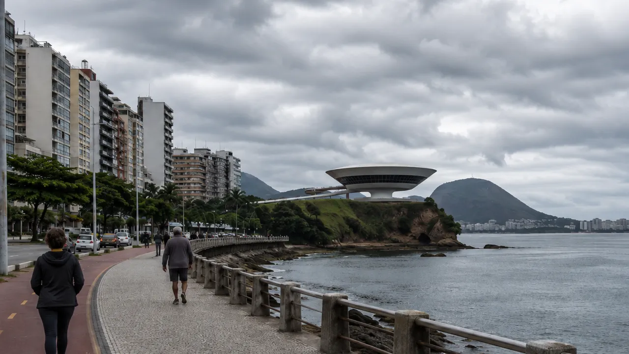 Imagem jornalística sobre a previsão do tempo em Niterói nesta terça-feira, marcada por temperaturas amenas, grande nebulosidade e pouca chuva prevista