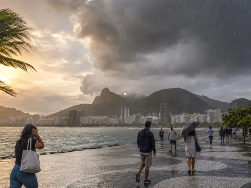 Imagem jornalística para ilustrar a previsão do tempo no Rio de Janeiro neste domingo (9), quando a capital ainda pode registrar temperaturas de até 34°C antes da mudança provocada pela aproximação de uma frente fria