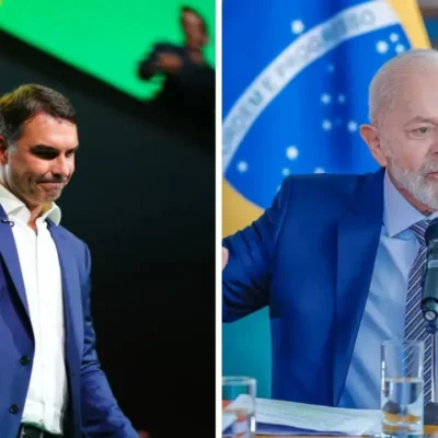 Flávio Bolsonaro e Lula em montagem sobre pesquisa presidencial no Rio de Janeiro