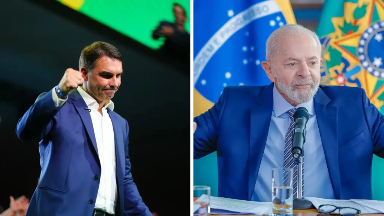 Flávio Bolsonaro e Lula em montagem sobre pesquisa presidencial no Rio de Janeiro
