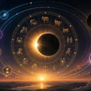 Imagem ilustrativa sobre diferentes interpretações da duração de eclipses na astrologia, com Sol, Lua, roda zodiacal e elementos que representam passagem do tempo e ciclos celestes