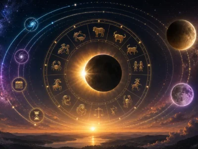 Imagem ilustrativa sobre diferentes interpretações da duração de eclipses na astrologia, com Sol, Lua, roda zodiacal e elementos que representam passagem do tempo e ciclos celestes