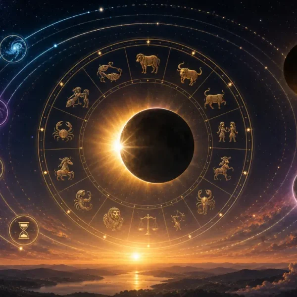 Imagem ilustrativa sobre diferentes interpretações da duração de eclipses na astrologia, com Sol, Lua, roda zodiacal e elementos que representam passagem do tempo e ciclos celestes