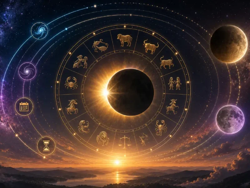 Imagem ilustrativa sobre diferentes interpretações da duração de eclipses na astrologia, com Sol, Lua, roda zodiacal e elementos que representam passagem do tempo e ciclos celestes