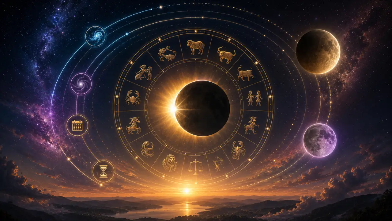 Imagem ilustrativa sobre diferentes interpretações da duração de eclipses na astrologia, com Sol, Lua, roda zodiacal e elementos que representam passagem do tempo e ciclos celestes Imagem ilustrativa sobre diferentes interpretações da duração de eclipses na astrologia, com Sol, Lua, roda zodiacal e elementos que representam passagem do tempo e ciclos celestes