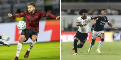 Jogadores de Red Bull Bragantino e Atlético-MG durante partidas da temporada. As equipes se enfrentam no Estádio Cícero de Souza Marques pelo jogo de ida das oitavas da Copa Sul-Americana