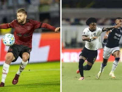 Jogadores de Red Bull Bragantino e Atlético-MG durante partidas da temporada. As equipes se enfrentam no Estádio Cícero de Souza Marques pelo jogo de ida das oitavas da Copa Sul-Americana