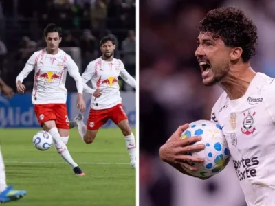 A esquerda da imagem está jogadores do Red Bull Bragantino durante partida pelo Campeonato Brasileiro e a direito da imagem são jogadores do Corinthians durante uma partida na Copa do Brasil