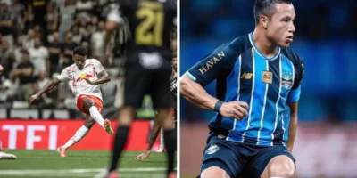 Jogadores de Red Bull Bragantino e Grêmio durante confronto pelo Campeonato Brasileiro