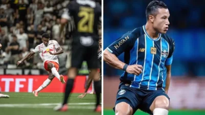 Jogadores de Red Bull Bragantino e Grêmio durante confronto pelo Campeonato Brasileiro