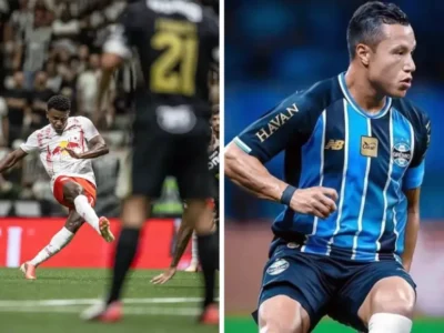 Jogadores de Red Bull Bragantino e Grêmio durante confronto pelo Campeonato Brasileiro
