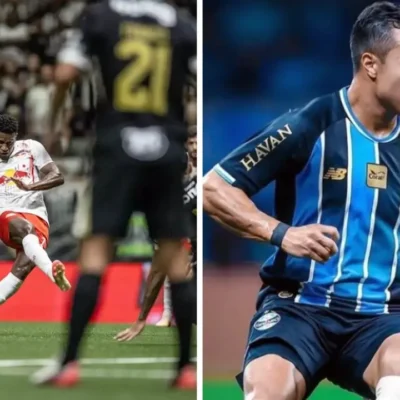 Jogadores de Red Bull Bragantino e Grêmio durante confronto pelo Campeonato Brasileiro
