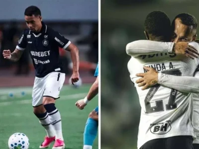 Ao lado esquerdo da imagem está um jogador do Remo com a posse de bola durante uma partida oficial e do lado direito da imagem está dois jogadores do Atlético-MG comemorando um gol contra o Juventude na Copa do Brasil 2026