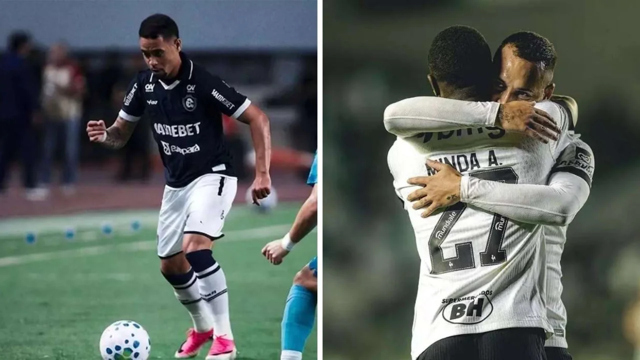 Ao lado esquerdo da imagem está um jogador do Remo com a posse de bola durante uma partida oficial e do lado direito da imagem está dois jogadores do Atlético-MG comemorando um gol contra o Juventude na Copa do Brasil 2026