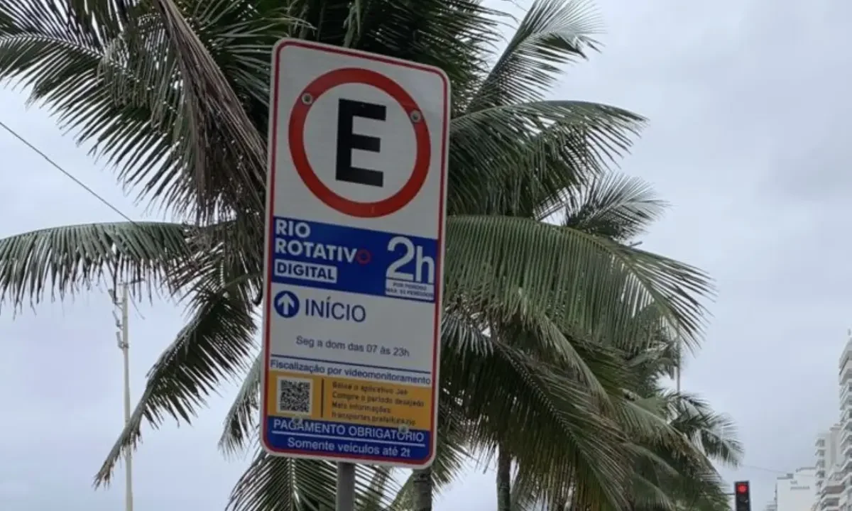 Placa do Rio Rotativo Digital em vaga de estacionamento no Rio de Janeiro