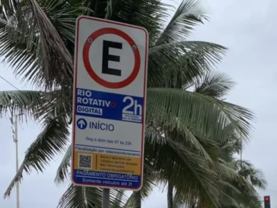 Placa do Rio Rotativo Digital em vaga de estacionamento no Rio de Janeiro