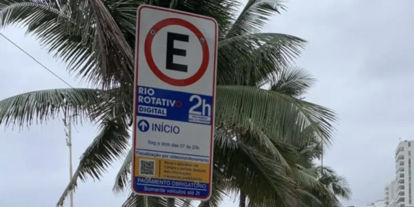 Placa do Rio Rotativo Digital em vaga de estacionamento no Rio de Janeiro
