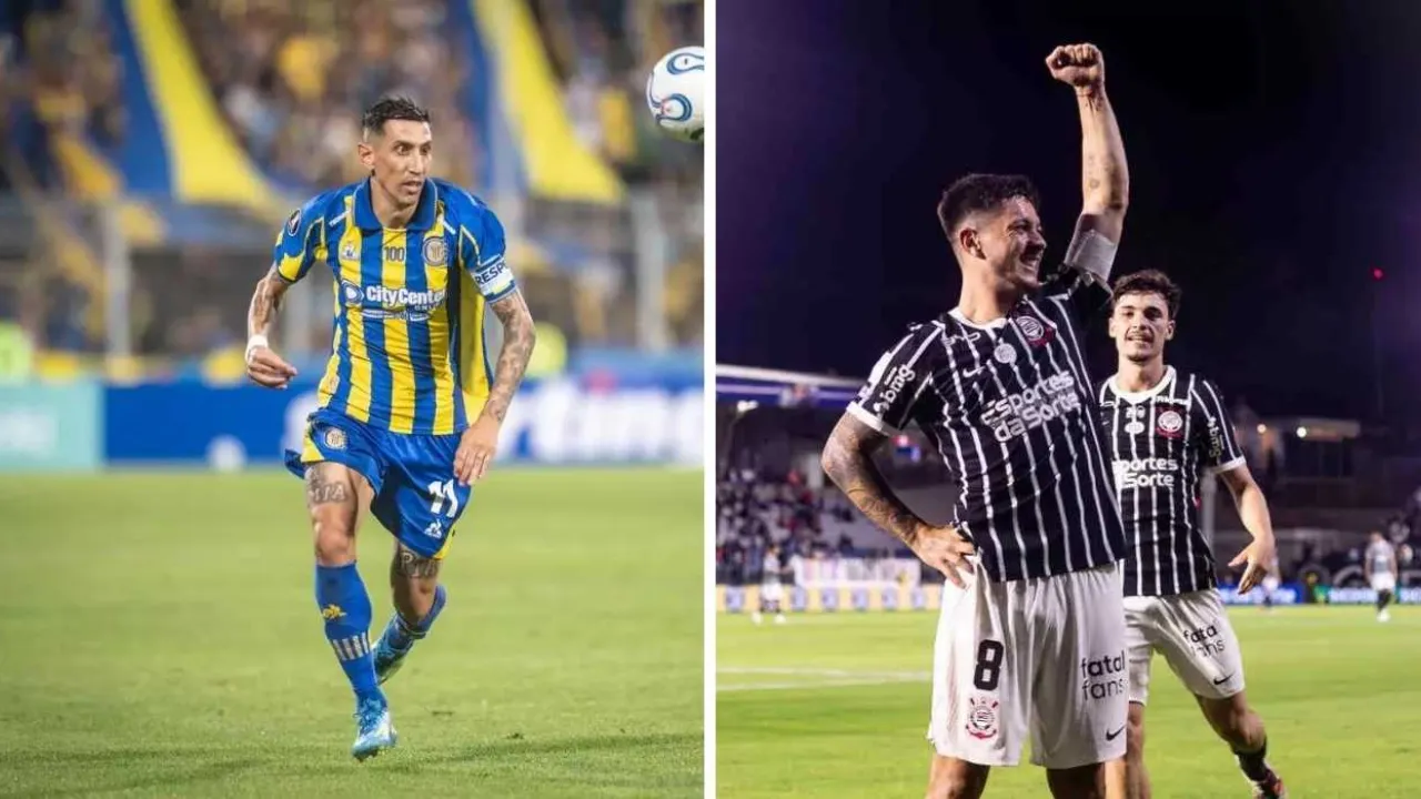 Jogadores de Rosario Central e Corinthians durante a temporada de 2026. As equipes iniciam no Gigante de Arroyito, na Argentina, a disputa por uma vaga nas quartas de final da Copa Libertadores