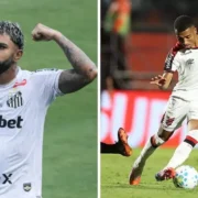 A esquerda da imagem está o jogador do Santos, Gabigol comemorando um gol e a direita da imagem está um jogador do Athletico-PR durante partida da Copa do Brasil em 2026