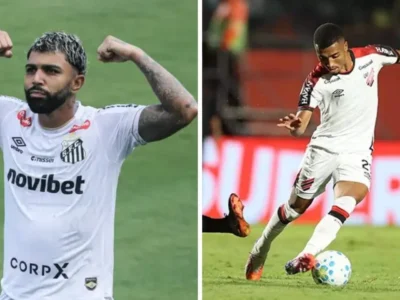 A esquerda da imagem está o jogador do Santos, Gabigol comemorando um gol e a direita da imagem está um jogador do Athletico-PR durante partida da Copa do Brasil em 2026