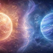Imagem ilustrativa da oposição astrológica entre Vênus e Netuno, com dois astros em lados opostos, roda zodiacal e atmosfera ligada a amor, desejo e idealização