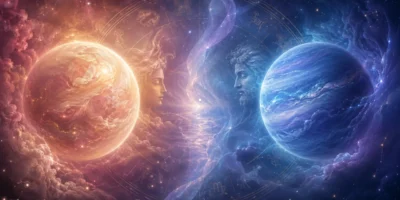 Imagem ilustrativa da oposição astrológica entre Vênus e Netuno, com dois astros em lados opostos, roda zodiacal e atmosfera ligada a amor, desejo e idealização