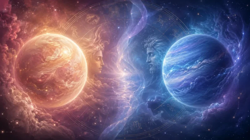 Imagem ilustrativa da oposição astrológica entre Vênus e Netuno, com dois astros em lados opostos, roda zodiacal e atmosfera ligada a amor, desejo e idealização