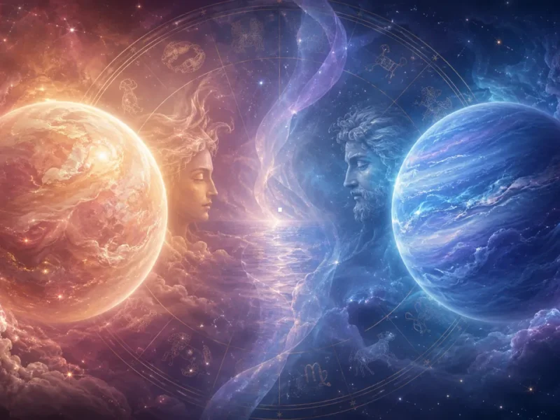 Imagem ilustrativa da oposição astrológica entre Vênus e Netuno, com dois astros em lados opostos, roda zodiacal e atmosfera ligada a amor, desejo e idealização
