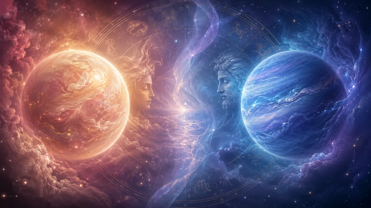 Imagem ilustrativa da oposição astrológica entre Vênus e Netuno, com dois astros em lados opostos, roda zodiacal e atmosfera ligada a amor, desejo e idealização