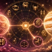 Imagem ilustrativa sobre Vênus em sextil com Júpiter em agosto de 2026, com representação dos dois planetas, roda zodiacal e referências aos quatro signos destacados na interpretação