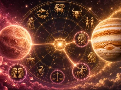 Imagem ilustrativa sobre Vênus em sextil com Júpiter em agosto de 2026, com representação dos dois planetas, roda zodiacal e referências aos quatro signos destacados na interpretação