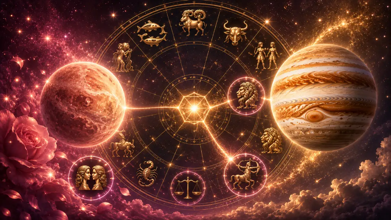 Imagem ilustrativa sobre Vênus em sextil com Júpiter em agosto de 2026, com representação dos dois planetas, roda zodiacal e referências aos quatro signos destacados na interpretação