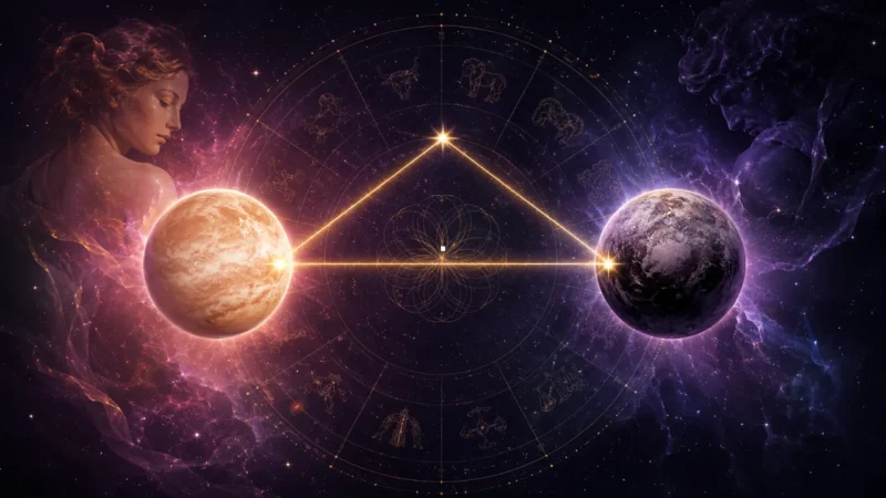 Imagem ilustrativa sobre Vênus em trígono com Plutão em 10 de agosto de 2026, com representação dos dois astros, roda zodiacal e atmosfera ligada ao amor e aos relacionamentos
