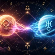 Imagem ilustrativa sobre Vênus em trígono com Urano em 12 de agosto de 2026, com representação dos dois astros, roda zodiacal e elementos celestes ligados a liberdade, novidade e relacionamentos