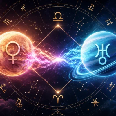 Imagem ilustrativa sobre Vênus em trígono com Urano em 12 de agosto de 2026, com representação dos dois astros, roda zodiacal e elementos celestes ligados a liberdade, novidade e relacionamentos