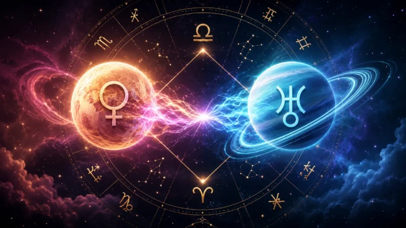Imagem ilustrativa sobre Vênus em trígono com Urano em 12 de agosto de 2026, com representação dos dois astros, roda zodiacal e elementos celestes ligados a liberdade, novidade e relacionamentos