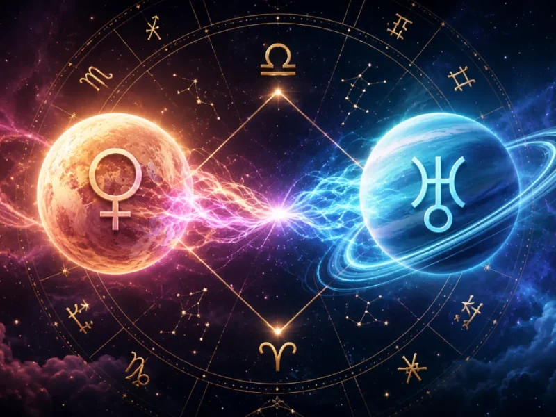 Imagem ilustrativa sobre Vênus em trígono com Urano em 12 de agosto de 2026, com representação dos dois astros, roda zodiacal e elementos celestes ligados a liberdade, novidade e relacionamentos