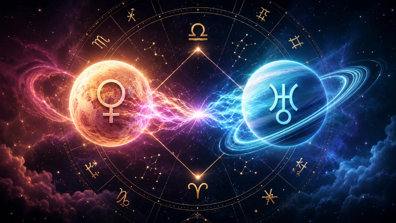 Imagem ilustrativa sobre Vênus em trígono com Urano em 12 de agosto de 2026, com representação dos dois astros, roda zodiacal e elementos celestes ligados a liberdade, novidade e relacionamentos