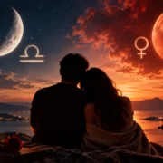 Casal observa o céu ao entardecer sob a Lua e símbolos de Libra e Vênus, em imagem sobre amor e astrologia