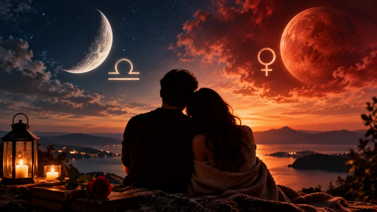 Casal observa o céu ao entardecer sob a Lua e símbolos de Libra e Vênus, em imagem sobre amor e astrologia Casal observa o céu ao entardecer sob a Lua e símbolos de Libra e Vênus, em imagem sobre amor e astrologia