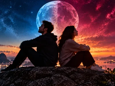 Casal sentado de costas um para o outro diante de uma grande Lua, sob um céu dividido entre tons azuis e avermelhados.