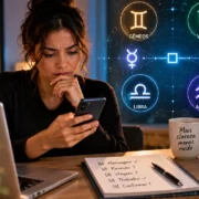 Mulher confere uma mensagem no celular diante do computador, com os símbolos de Gêmeos, Virgem, Libra e Aquário ao fundo.