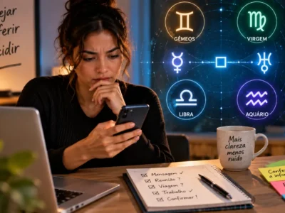 Mulher confere uma mensagem no celular diante do computador, com os símbolos de Gêmeos, Virgem, Libra e Aquário ao fundo.