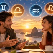 Homem e mulher conversam diante de uma paisagem ao entardecer, com os símbolos de Gêmeos, Libra, Aquário e Leão em destaque.
