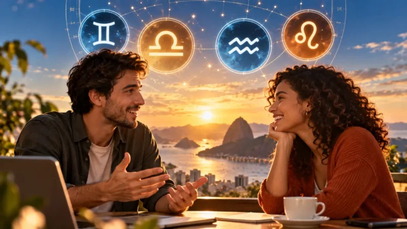 Homem e mulher conversam diante de uma paisagem ao entardecer, com os símbolos de Gêmeos, Libra, Aquário e Leão em destaque.