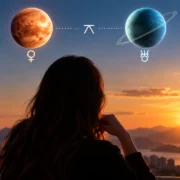 Mulher observa o horizonte ao pôr do sol, com representações de Vênus e Urano no céu.