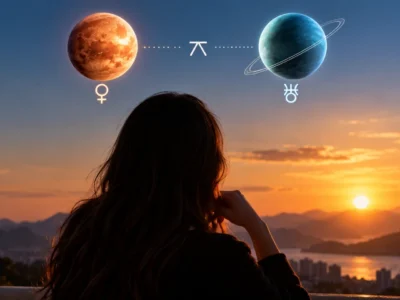 Mulher observa o horizonte ao pôr do sol, com representações de Vênus e Urano no céu.