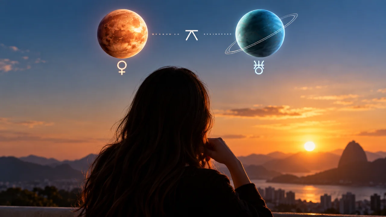 Mulher observa o horizonte ao pôr do sol, com representações de Vênus e Urano no céu.