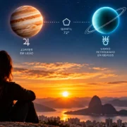 Mulher observa o horizonte ao pôr do sol, com representações de Júpiter em Leão e Urano retrógrado em Gêmeos no céu.